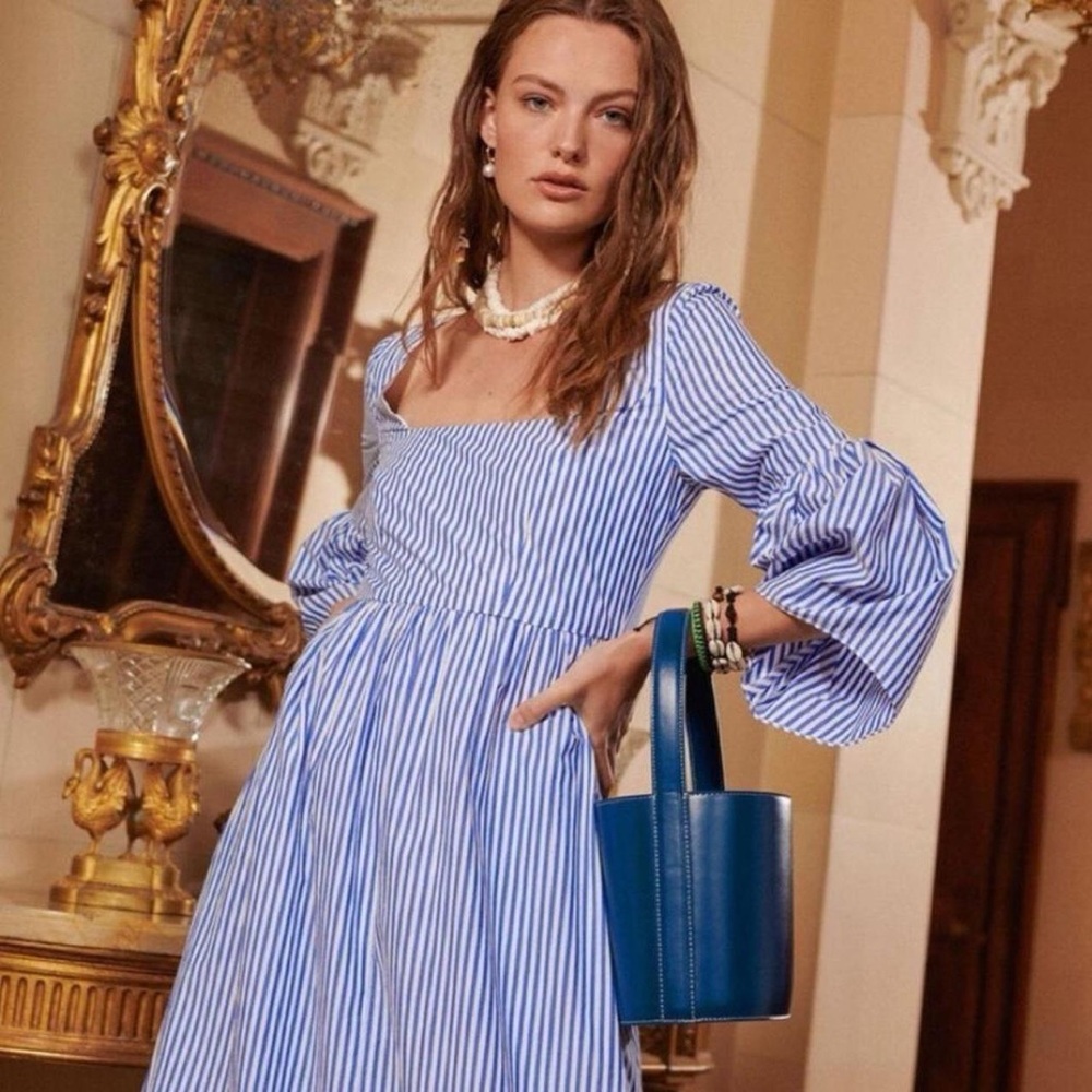 STAUD Blue and White Long Sleeve Sundress with Square Neck